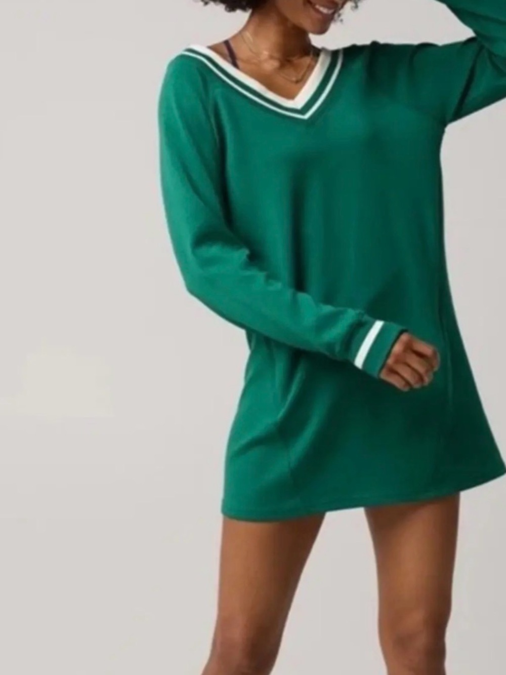 Women’s V-Neck Green Sweater with Contrast Stripe#A10